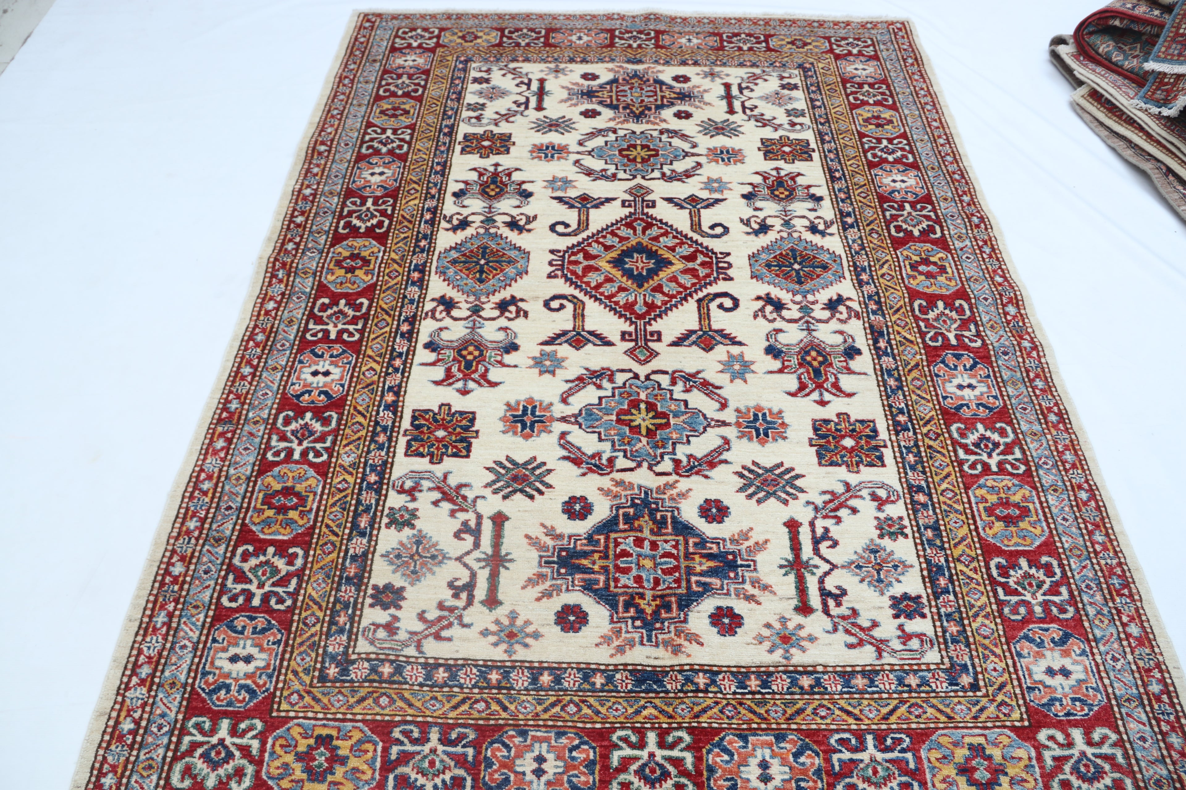 5x7 Beige Super Kazak Geometric Handmade Cotton & Wool Rug | Premium Luxury Area Rug