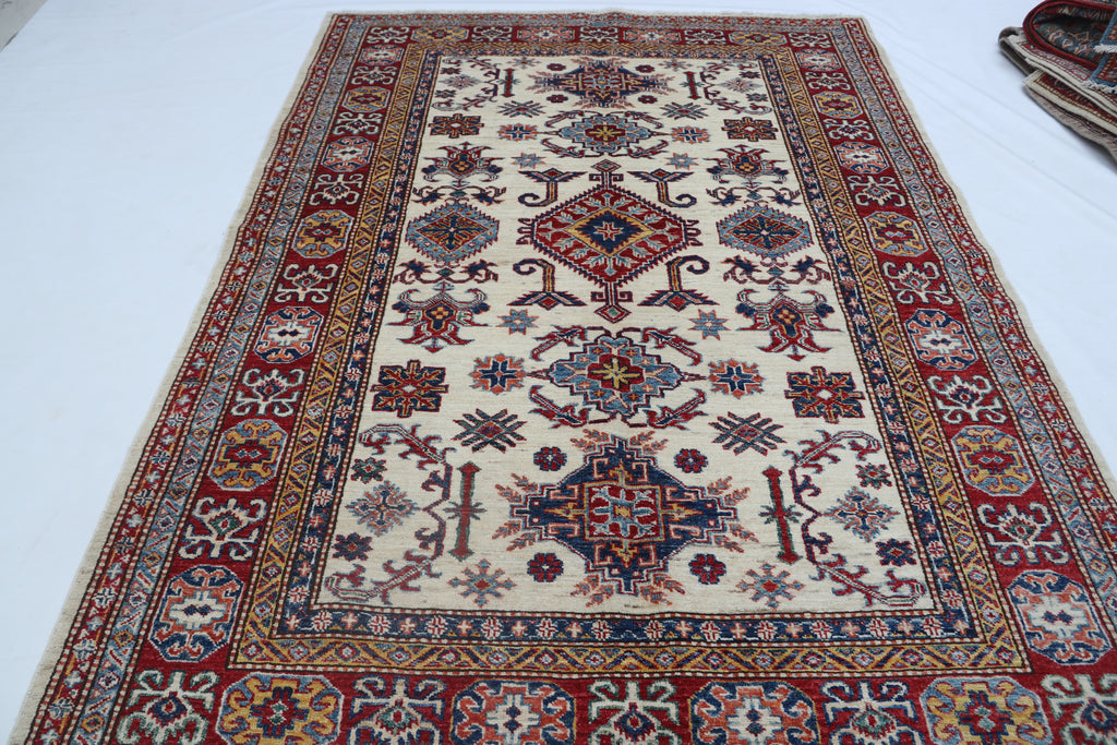 5x7 Beige Super Kazak Geometric Handmade Cotton & Wool Rug | Premium Luxury Area Rug