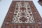 5x7 Beige Super Kazak Geometric Handmade Cotton & Wool Rug | Premium Luxury Area Rug