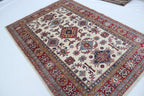 5x7 Beige Super Kazak Geometric Handmade Cotton & Wool Rug | Premium Luxury Area Rug