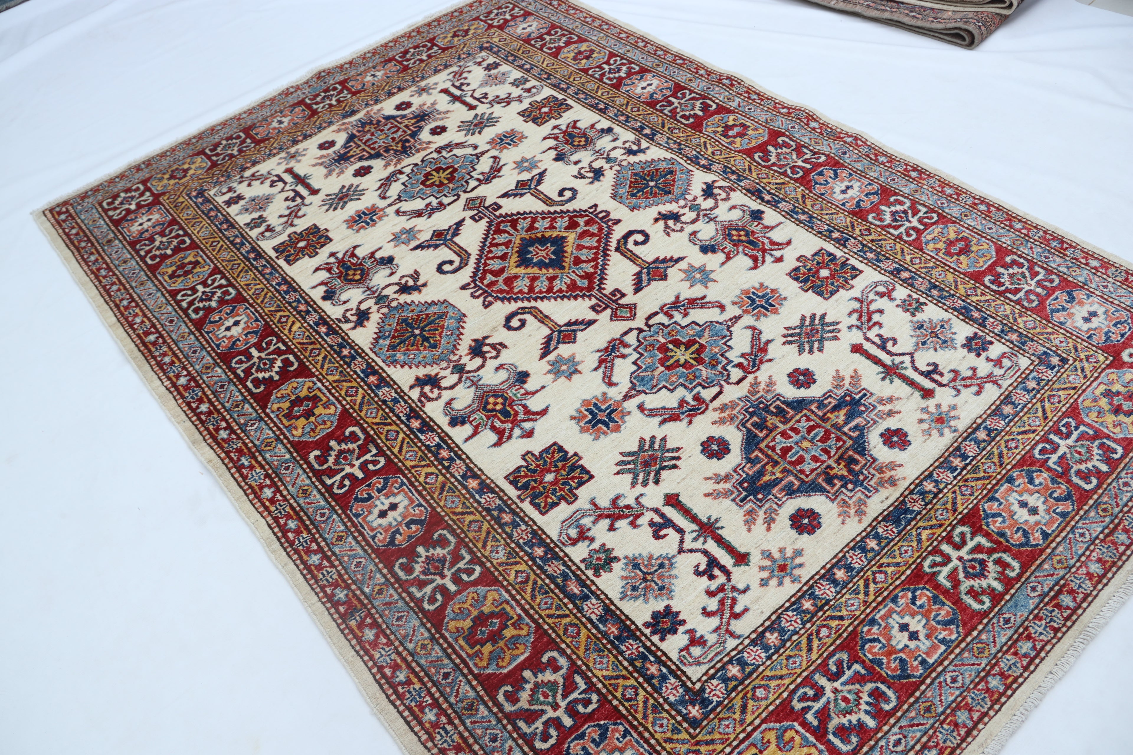 5x7 Beige Super Kazak Geometric Handmade Cotton & Wool Rug | Premium Luxury Area Rug