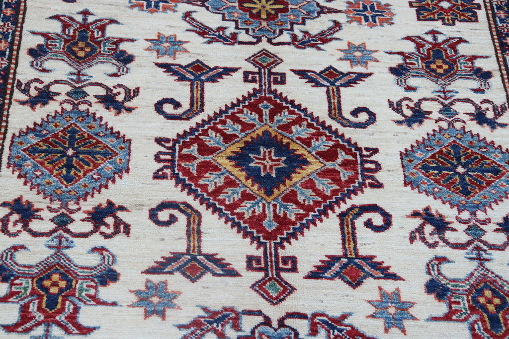 5x7 Beige Super Kazak Geometric Handmade Cotton & Wool Rug | Premium Luxury Area Rug