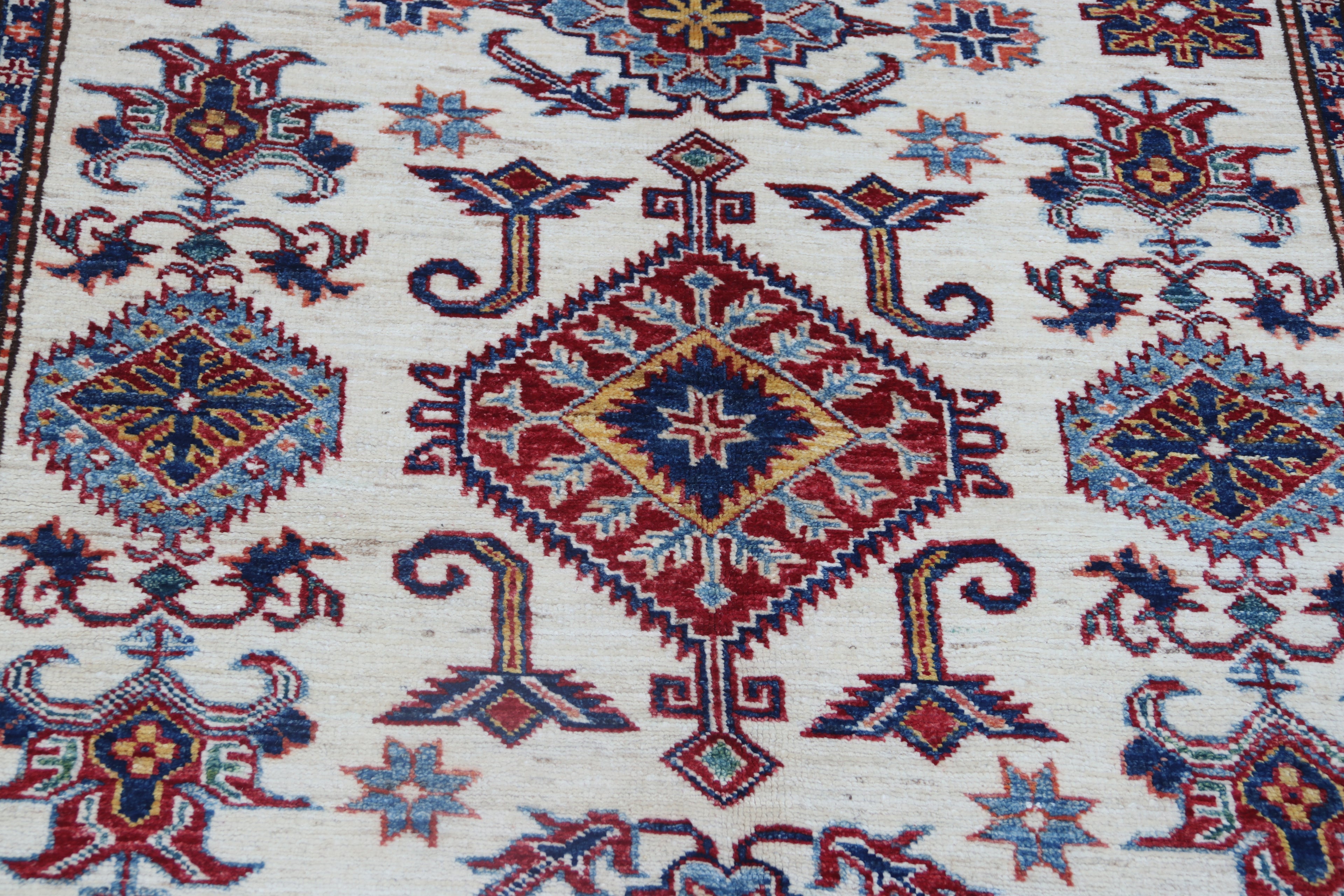 5x7 Beige Super Kazak Geometric Handmade Cotton & Wool Rug | Premium Luxury Area Rug