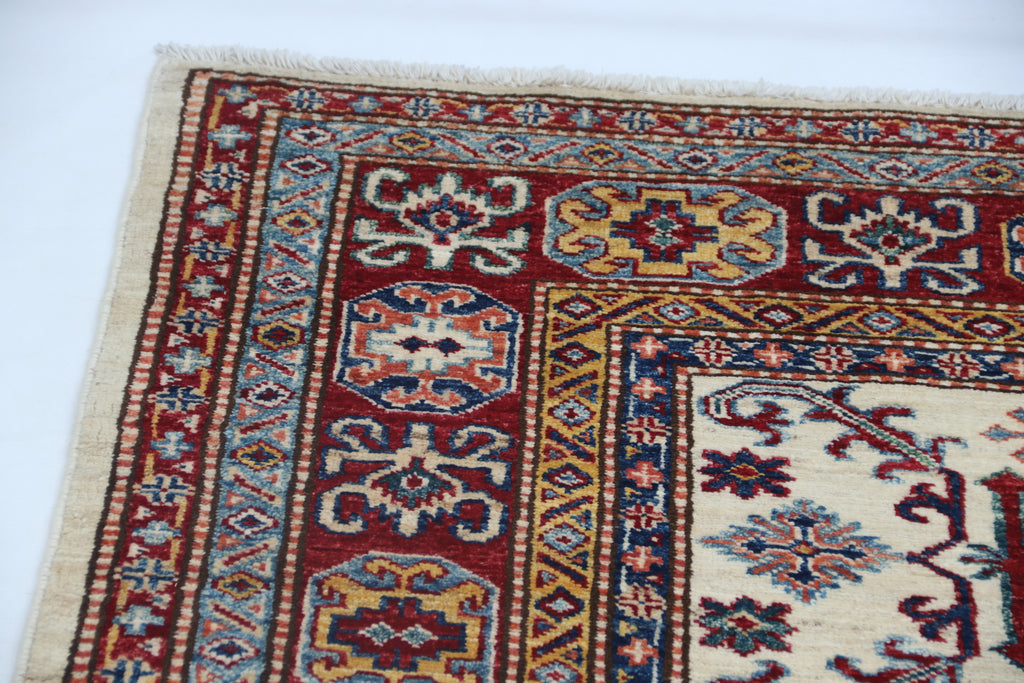 5x7 Beige Super Kazak Geometric Handmade Cotton & Wool Rug | Premium Luxury Area Rug