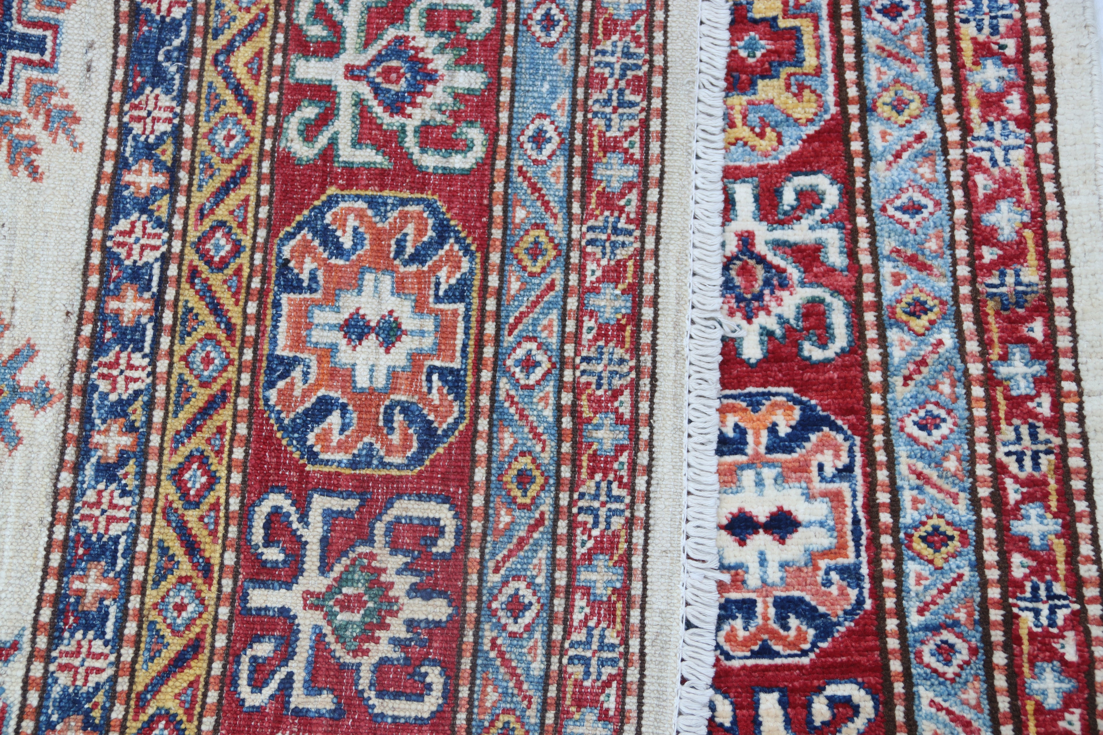 5x7 Beige Super Kazak Geometric Handmade Cotton & Wool Rug | Premium Luxury Area Rug