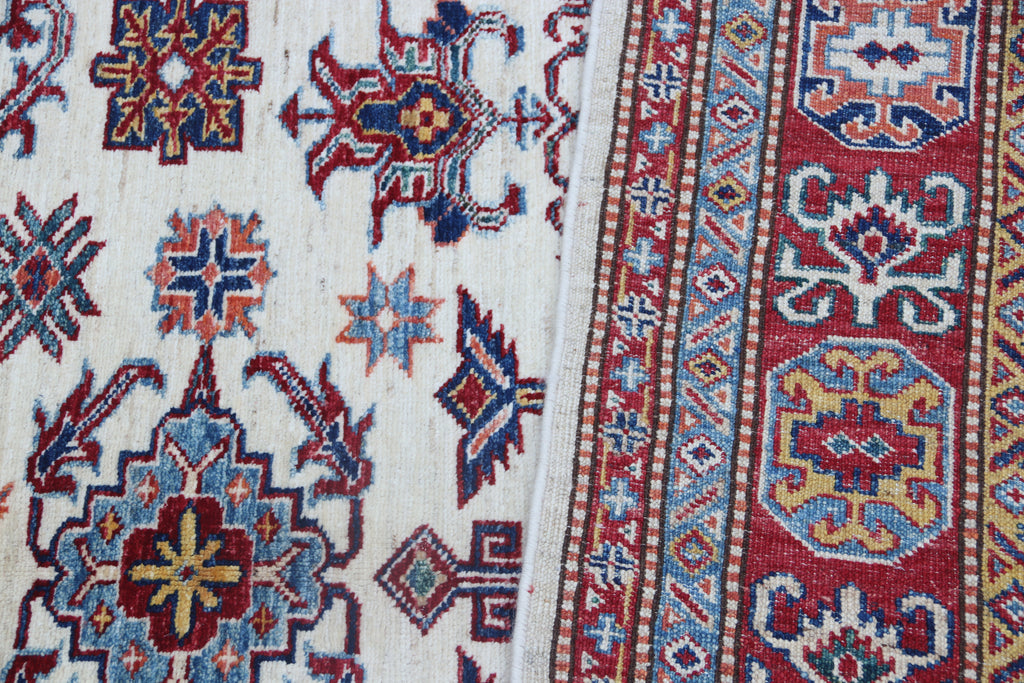 5x7 Beige Super Kazak Geometric Handmade Cotton & Wool Rug | Premium Luxury Area Rug