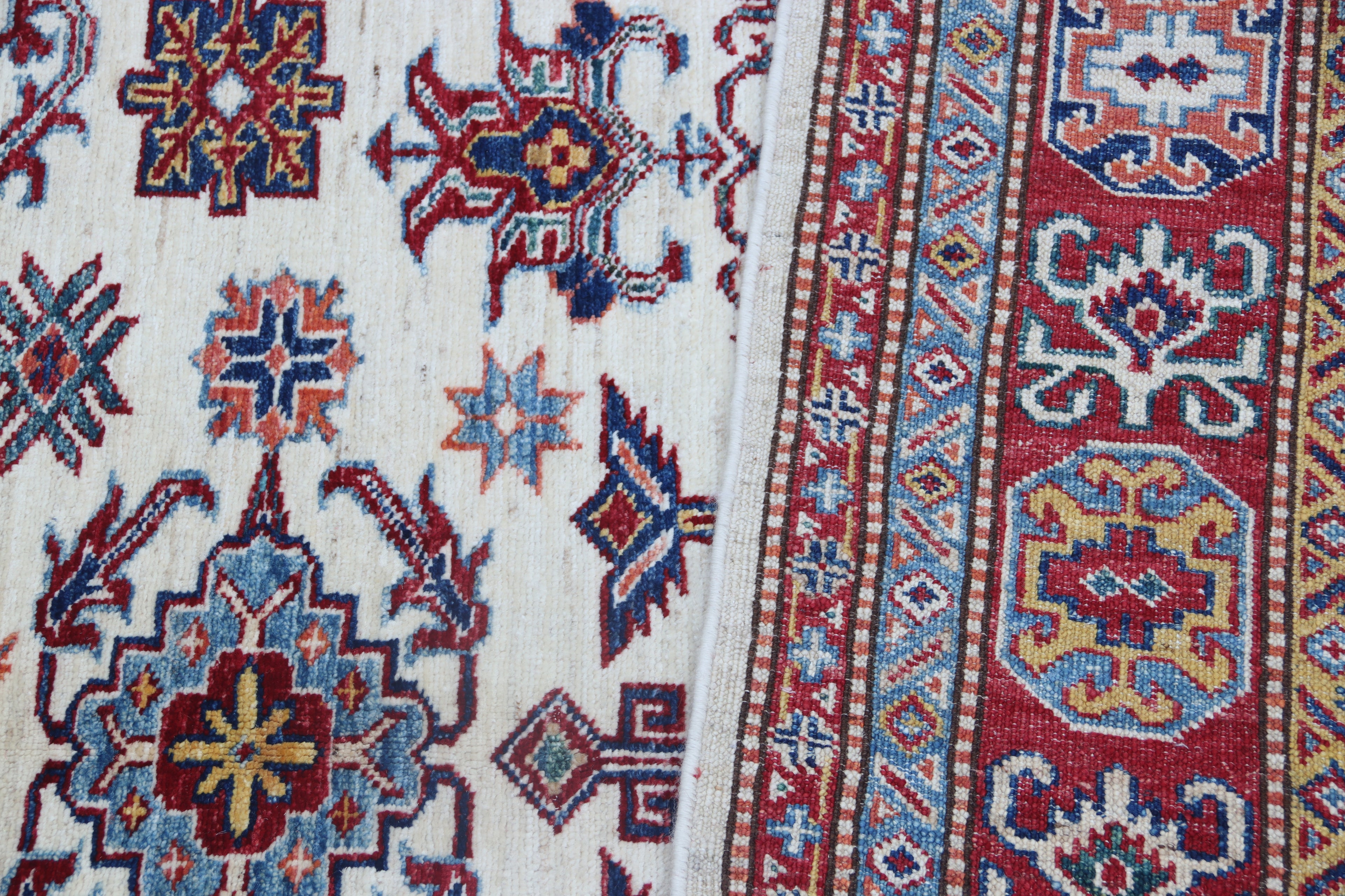 5x7 Beige Super Kazak Geometric Handmade Cotton & Wool Rug | Premium Luxury Area Rug