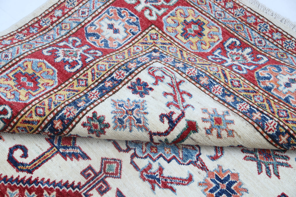 5x7 Beige Super Kazak Geometric Handmade Cotton & Wool Rug | Premium Luxury Area Rug