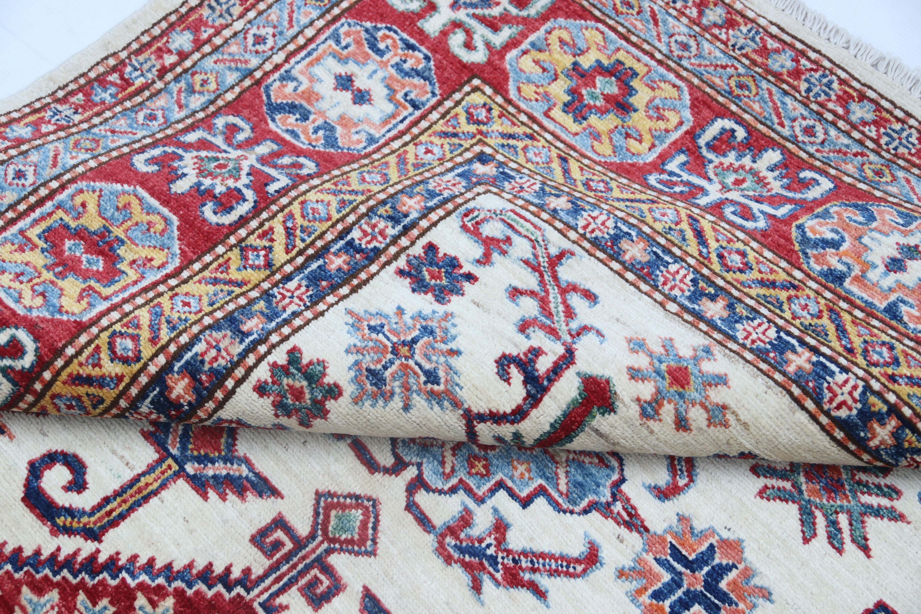 5x7 Beige Super Kazak Geometric Handmade Cotton & Wool Rug | Premium Luxury Area Rug