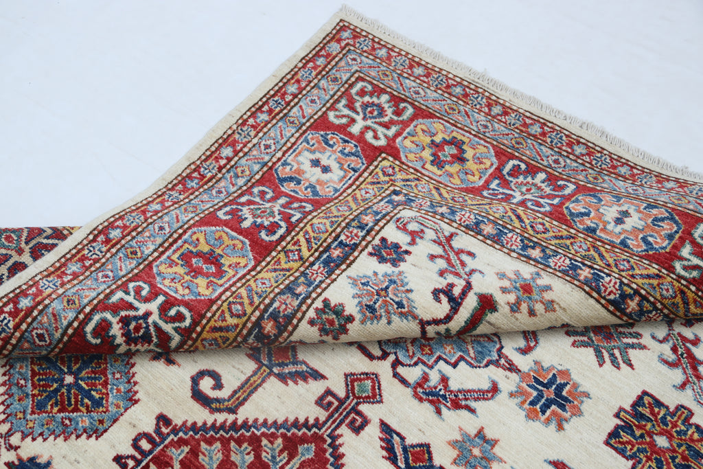 5x7 Beige Super Kazak Geometric Handmade Cotton & Wool Rug | Premium Luxury Area Rug