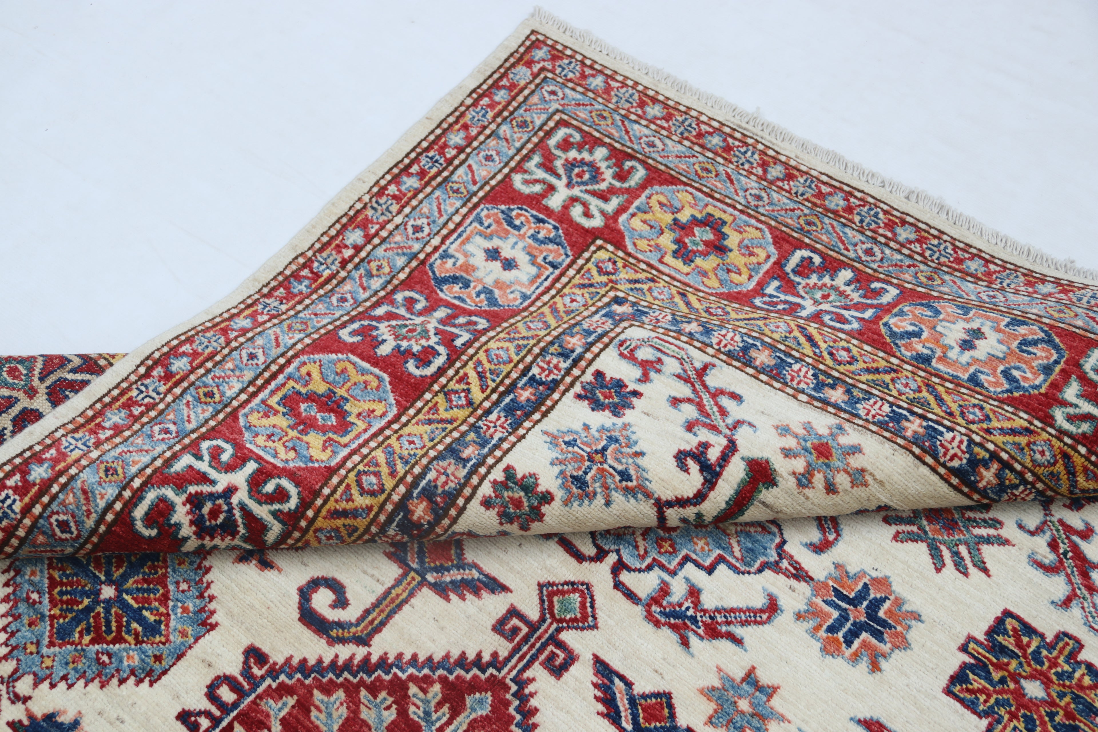 5x7 Beige Super Kazak Geometric Handmade Cotton & Wool Rug | Premium Luxury Area Rug