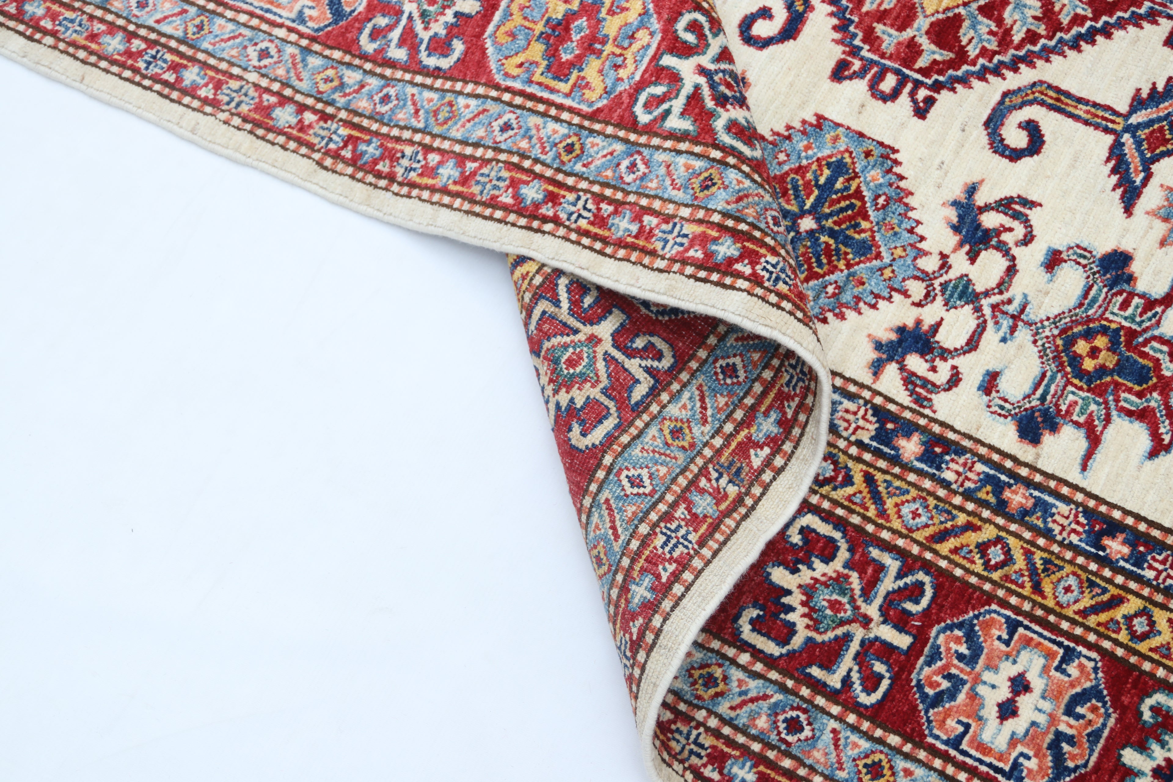 5x7 Beige Super Kazak Geometric Handmade Cotton & Wool Rug | Premium Luxury Area Rug