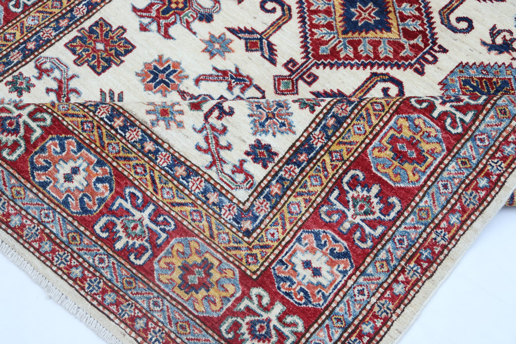 5x7 Beige Super Kazak Geometric Handmade Cotton & Wool Rug | Premium Luxury Area Rug