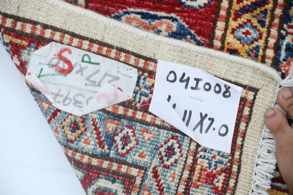 5x7 Beige Super Kazak Geometric Handmade Cotton & Wool Rug | Premium Luxury Area Rug
