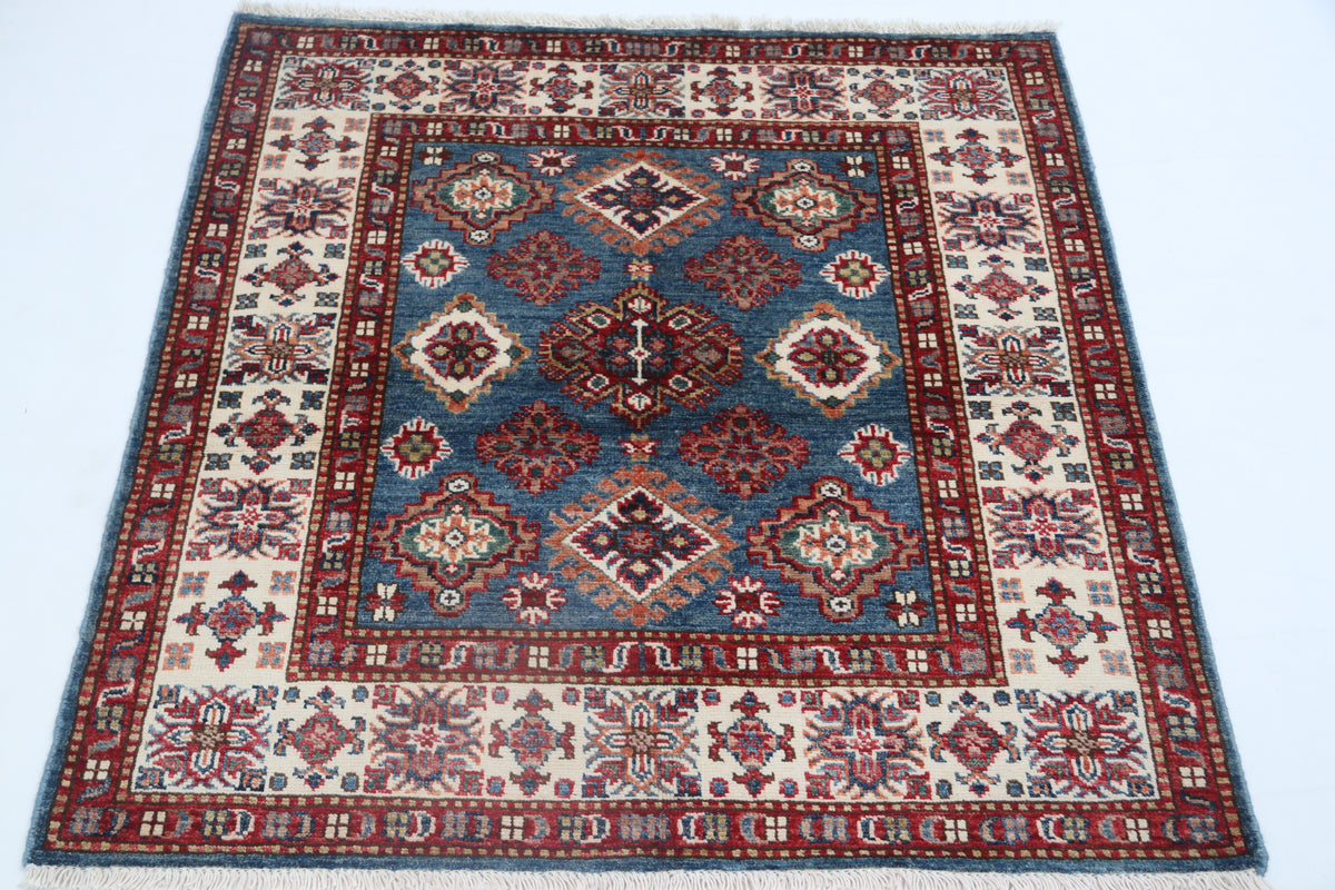 3.5x3.5 Handmade Super Kazak Rug Blue | Vegetable Dyed Geometric Wool & Cotton Square Area Rug