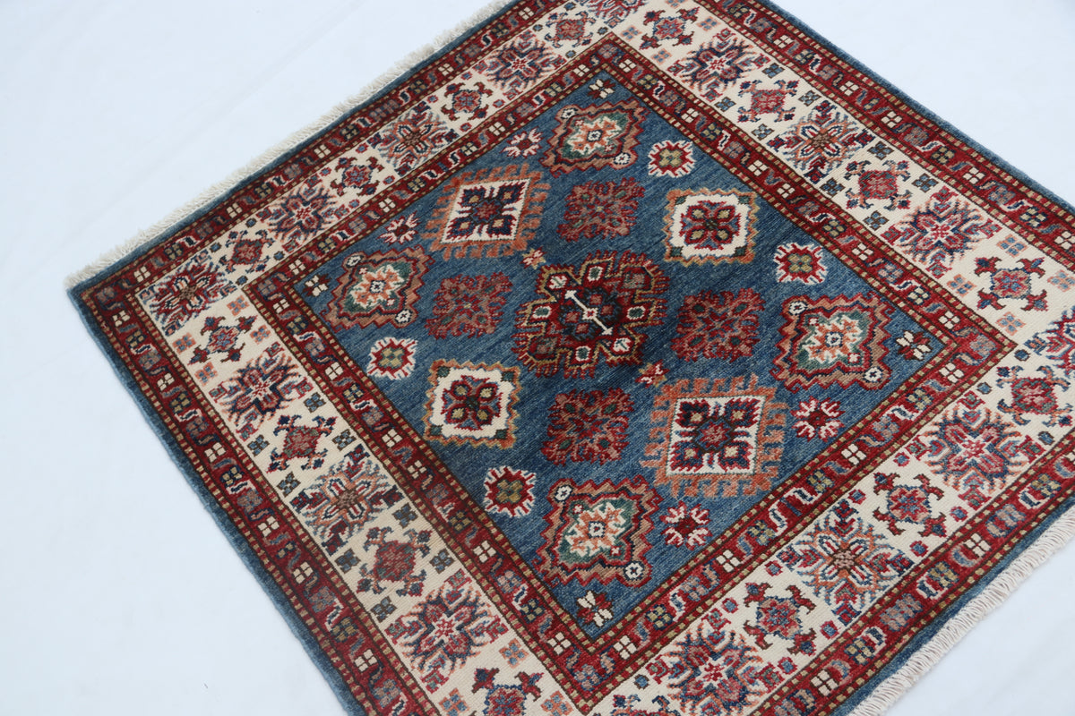 3.5x3.5 Handmade Super Kazak Rug Blue | Vegetable Dyed Geometric Wool & Cotton Square Area Rug
