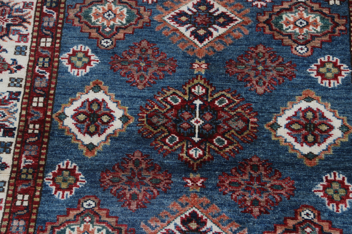 3.5x3.5 Handmade Super Kazak Rug Blue | Vegetable Dyed Geometric Wool & Cotton Square Area Rug
