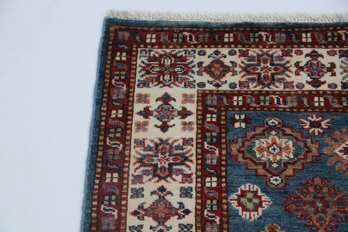 3.5x3.5 Handmade Super Kazak Rug Blue | Vegetable Dyed Geometric Wool & Cotton Square Area Rug
