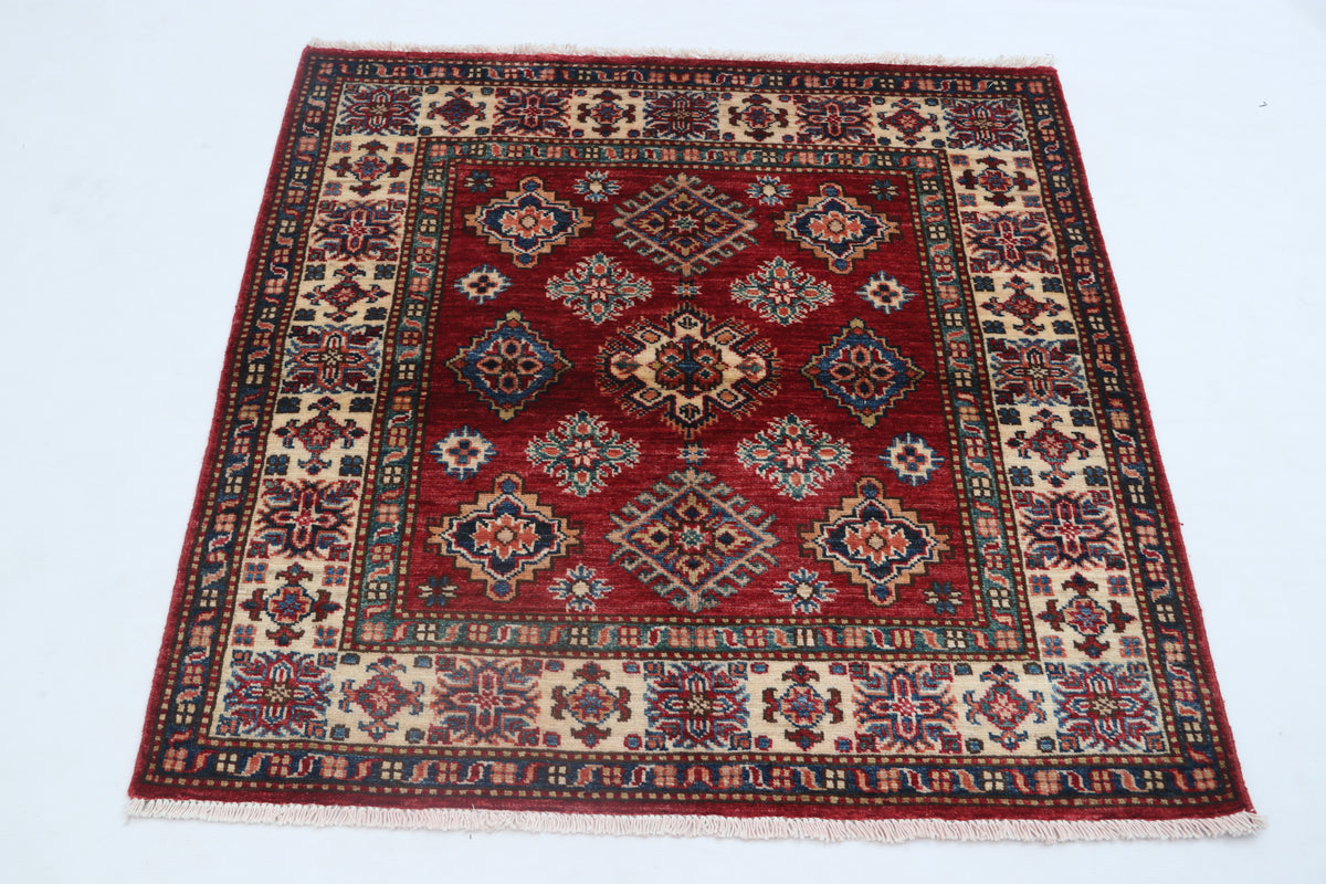 3.5x3.5 Handmade Red Super Kazak Rug | Vegetable Dyed Geometric Wool & Cotton Square Area Rug