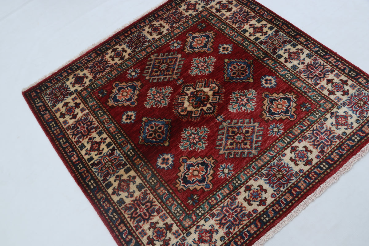 3.5x3.5 Handmade Red Super Kazak Rug | Vegetable Dyed Geometric Wool & Cotton Square Area Rug