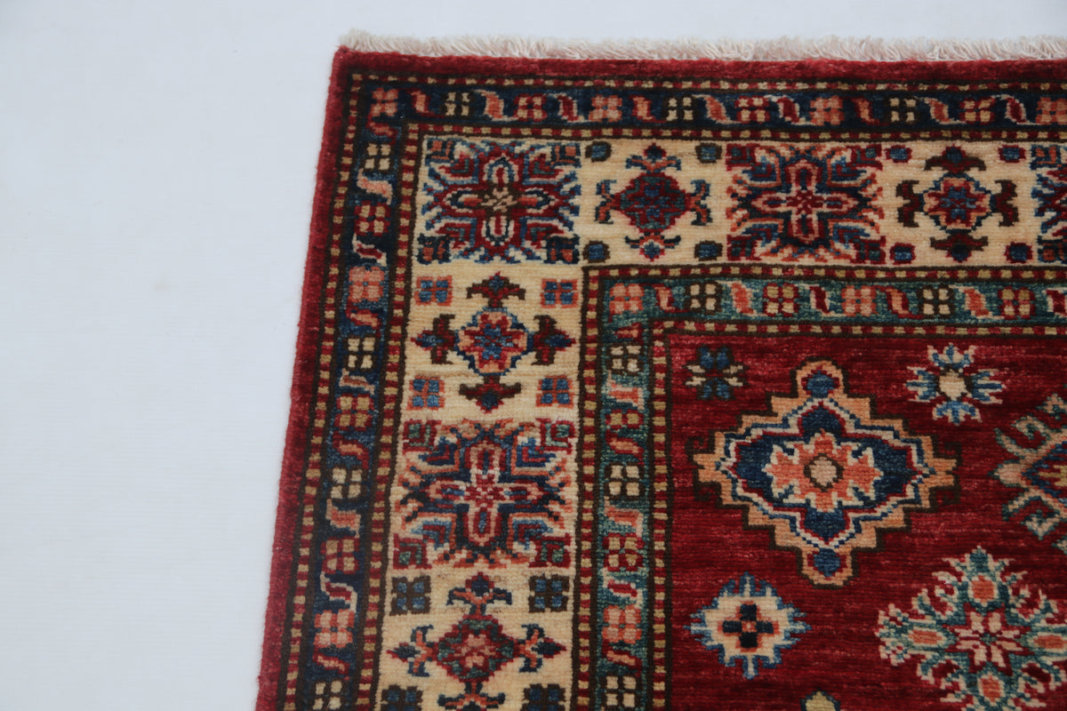 3.5x3.5 Handmade Red Super Kazak Rug | Vegetable Dyed Geometric Wool & Cotton Square Area Rug