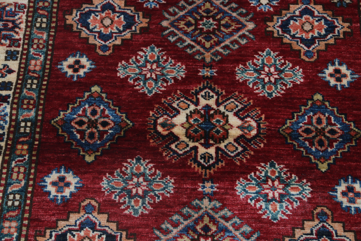 3.5x3.5 Handmade Red Super Kazak Rug | Vegetable Dyed Geometric Wool & Cotton Square Area Rug