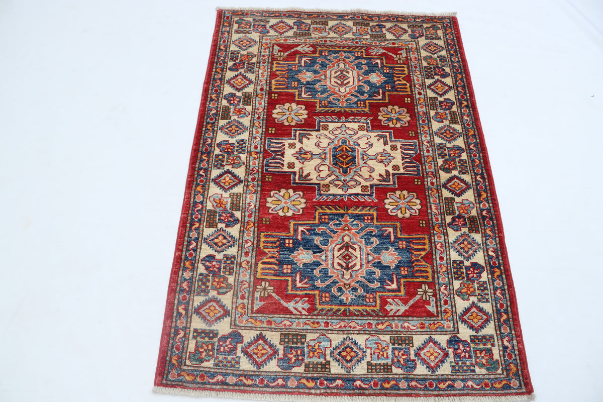 2.5x4 Red Super Kazak Geometric Area Rug | Handmade Wool & Cotton Rug