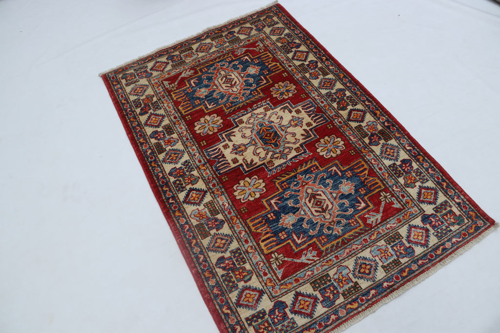 2.5x4 Red Super Kazak Geometric Area Rug | Handmade Wool & Cotton Rug