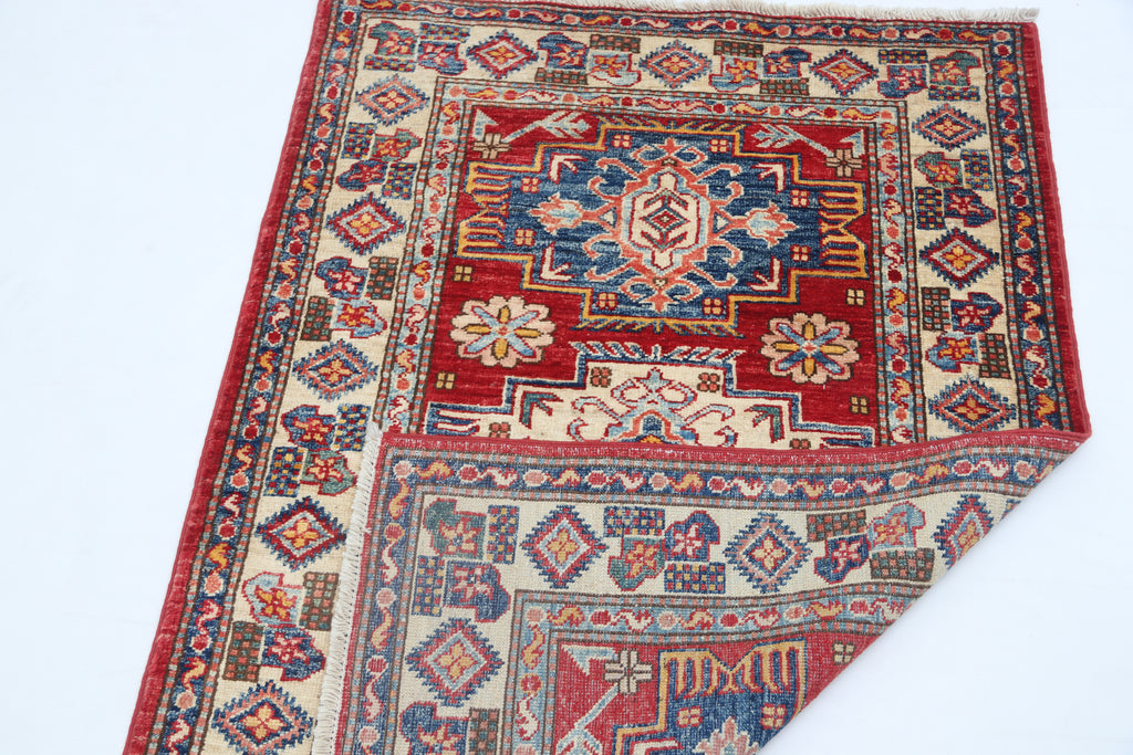 2.5x4 Red Super Kazak Geometric Area Rug | Handmade Wool & Cotton Rug