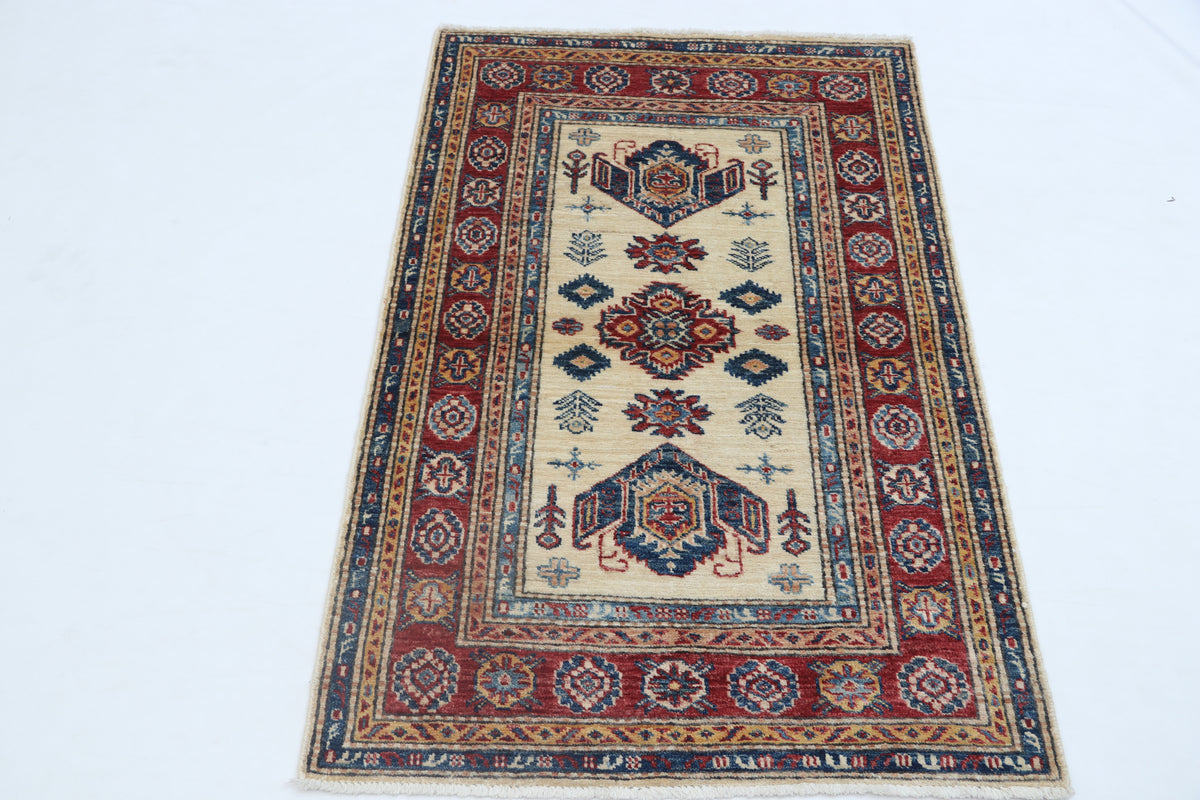 2.5x4 Beige Super Kazak Geometric Area Rug | Handmade Wool & Cotton Rug