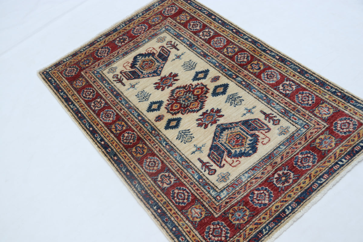 2.5x4 Beige Super Kazak Geometric Area Rug | Handmade Wool & Cotton Rug