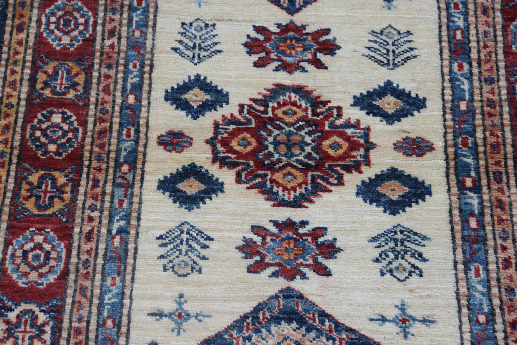 2.5x4 Beige Super Kazak Geometric Area Rug | Handmade Wool & Cotton Rug
