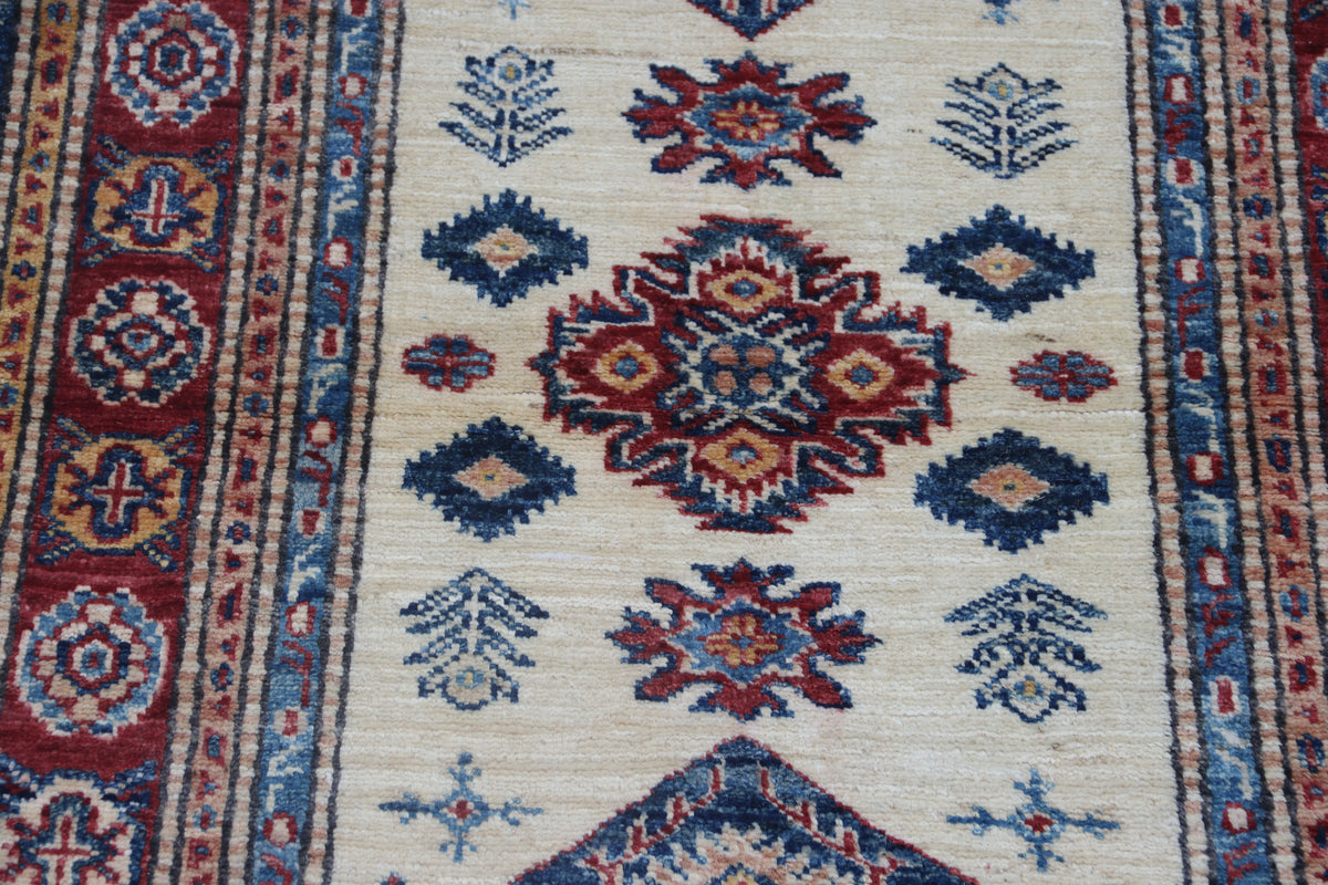 2.5x4 Beige Super Kazak Geometric Area Rug | Handmade Wool & Cotton Rug