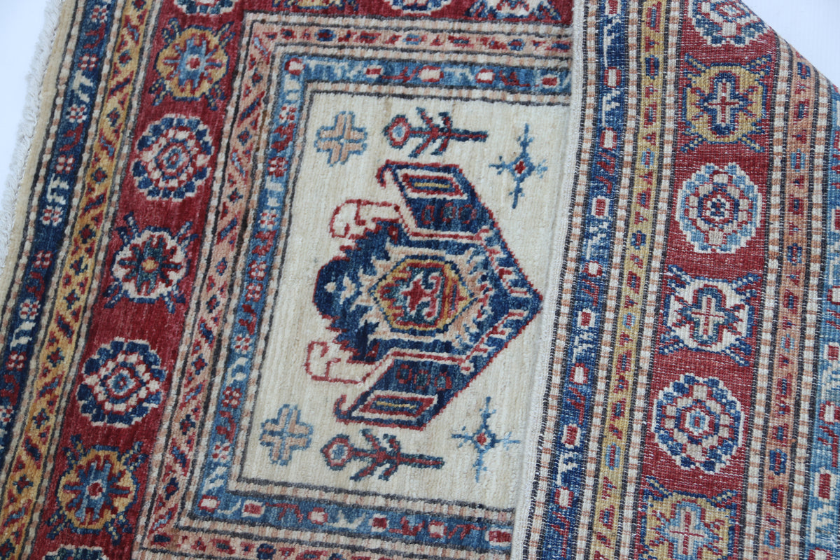 2.5x4 Beige Super Kazak Geometric Area Rug | Handmade Wool & Cotton Rug