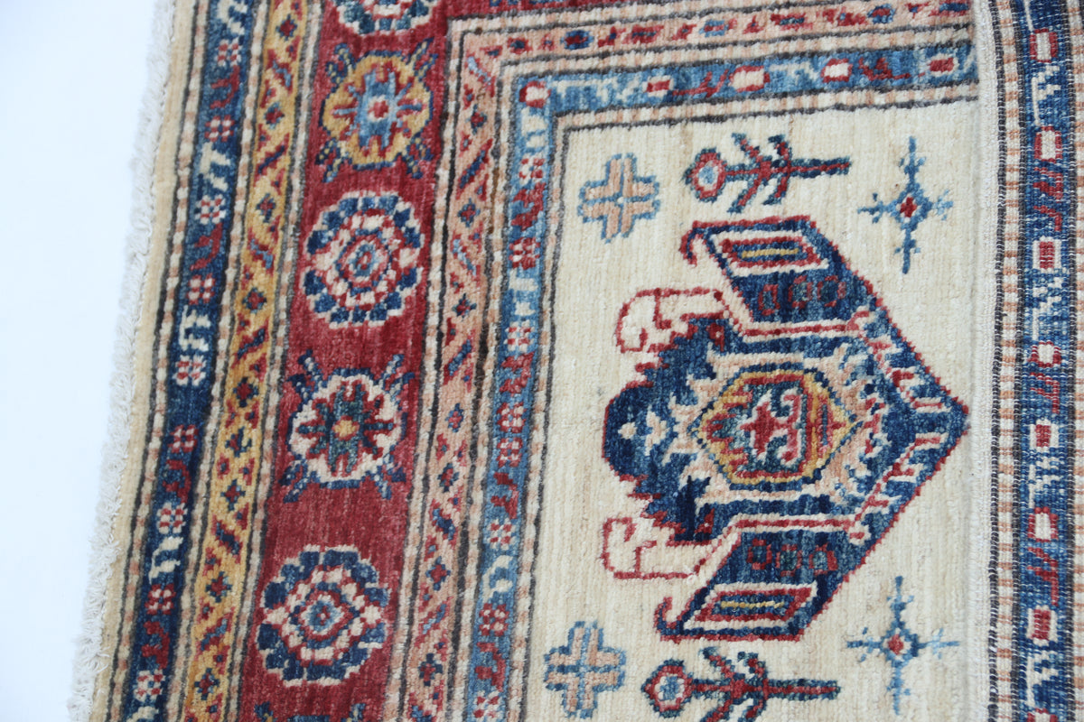 2.5x4 Beige Super Kazak Geometric Area Rug | Handmade Wool & Cotton Rug