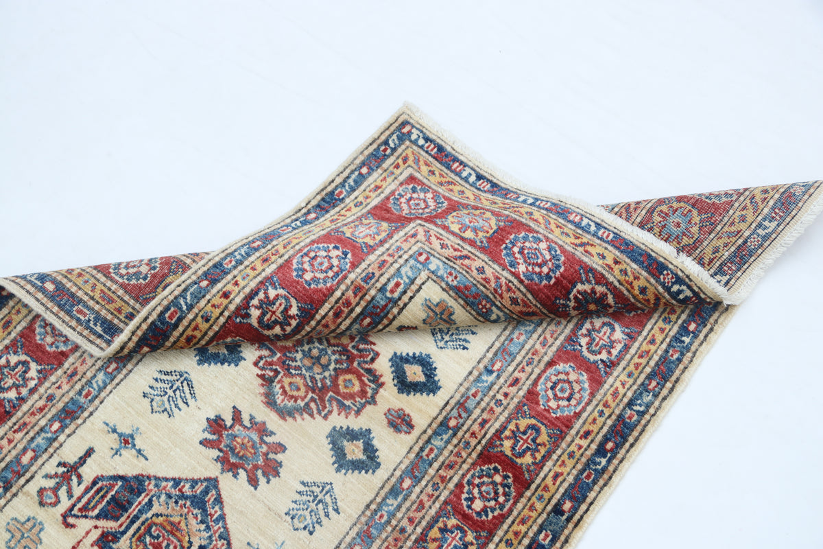 2.5x4 Beige Super Kazak Geometric Area Rug | Handmade Wool & Cotton Rug