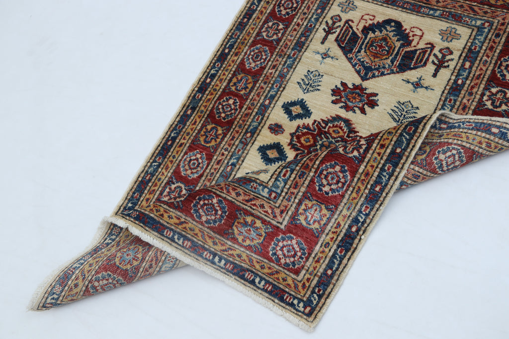 2.5x4 Beige Super Kazak Geometric Area Rug | Handmade Wool & Cotton Rug
