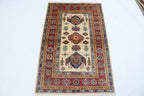 2.5x4 Beige Super Kazak Geometric Area Rug | Handmade Wool & Cotton Rug
