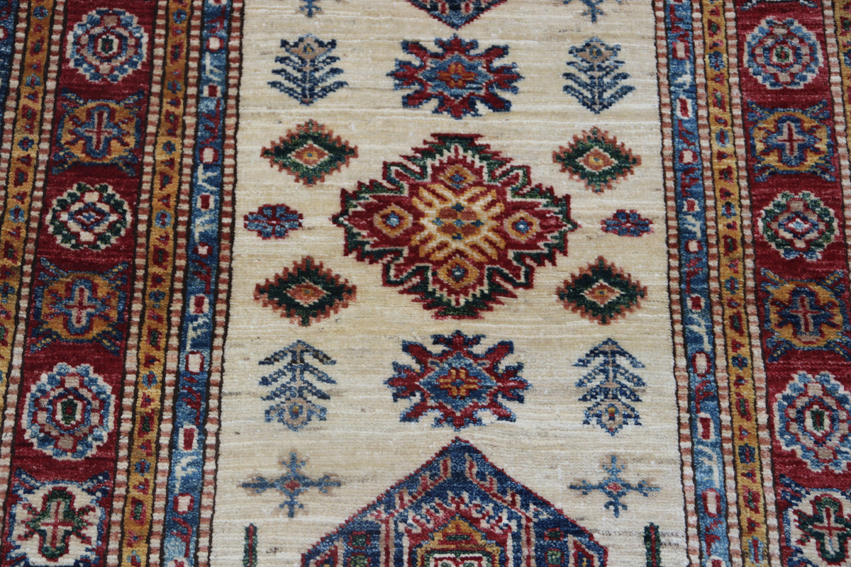 2.5x4 Beige Super Kazak Geometric Area Rug | Handmade Wool & Cotton Rug