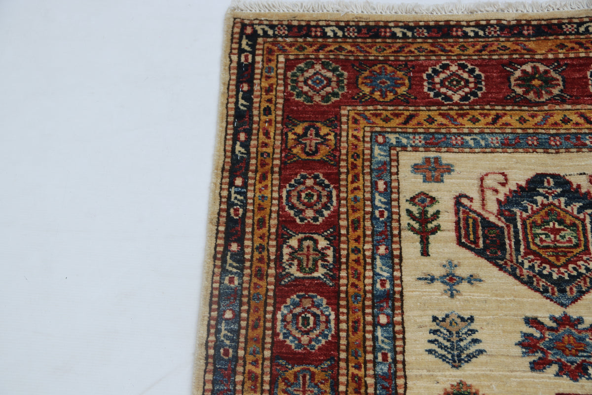 2.5x4 Beige Super Kazak Geometric Area Rug | Handmade Wool & Cotton Rug