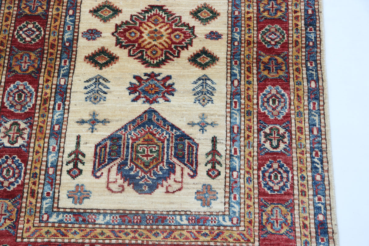 2.5x4 Beige Super Kazak Geometric Area Rug | Handmade Wool & Cotton Rug