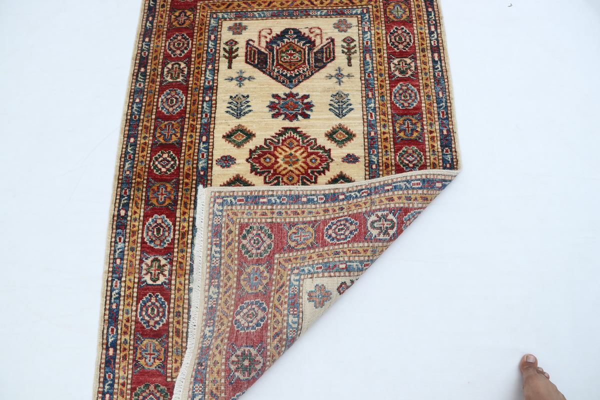 2.5x4 Beige Super Kazak Geometric Area Rug | Handmade Wool & Cotton Rug