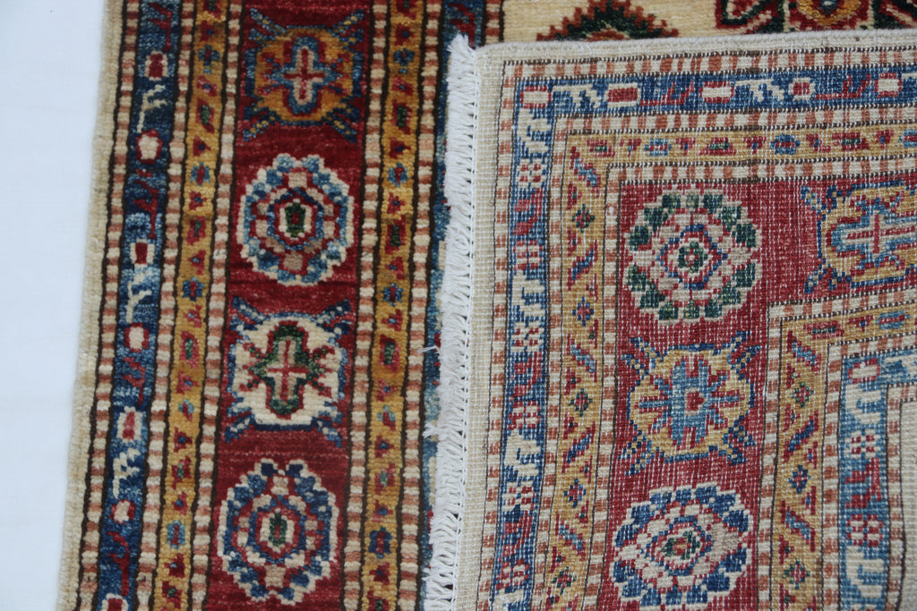 2.5x4 Beige Super Kazak Geometric Area Rug | Handmade Wool & Cotton Rug