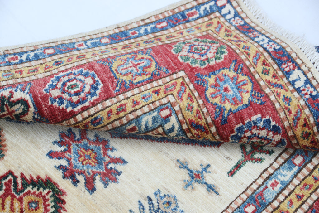 2.5x4 Beige Super Kazak Geometric Area Rug | Handmade Wool & Cotton Rug