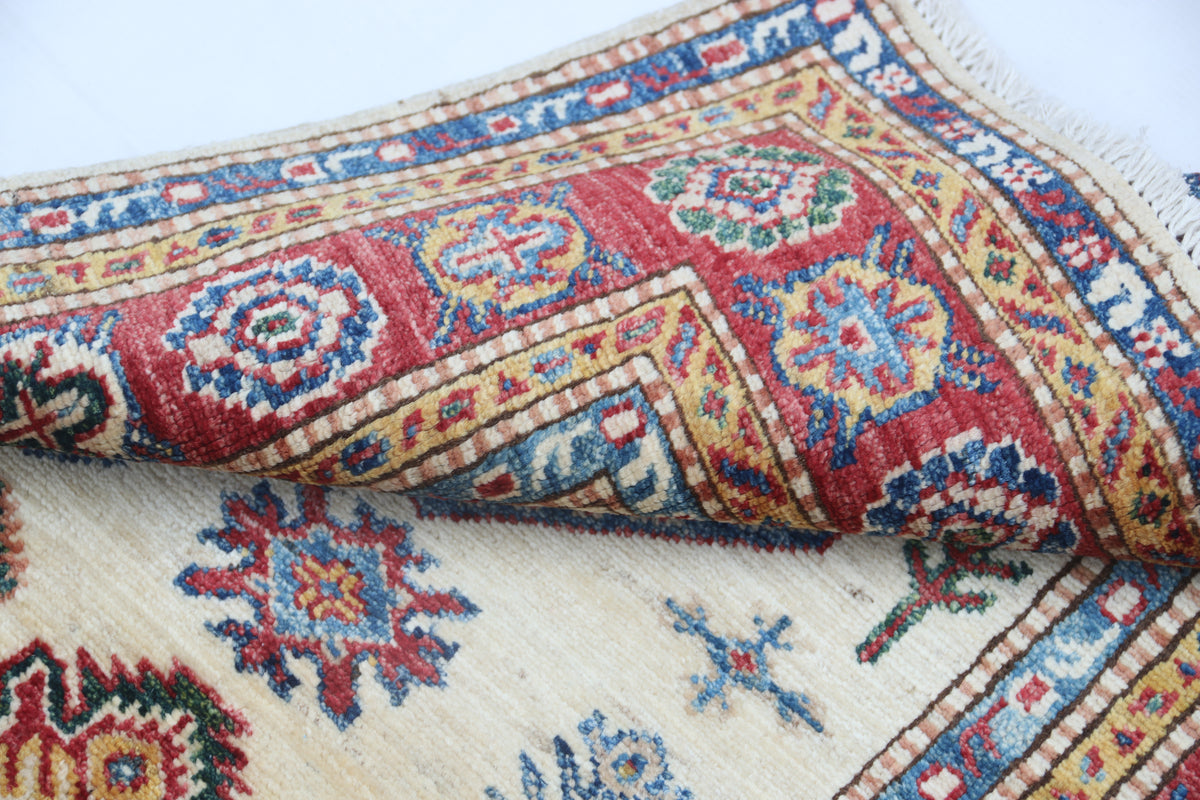 2.5x4 Beige Super Kazak Geometric Area Rug | Handmade Wool & Cotton Rug