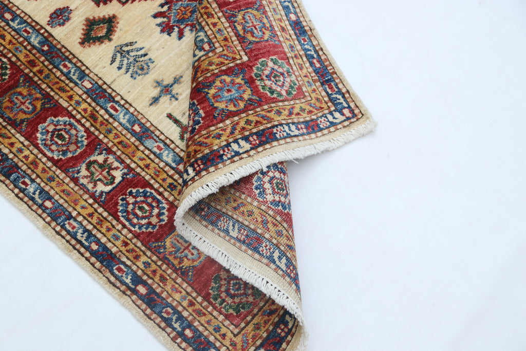 2.5x4 Beige Super Kazak Geometric Area Rug | Handmade Wool & Cotton Rug