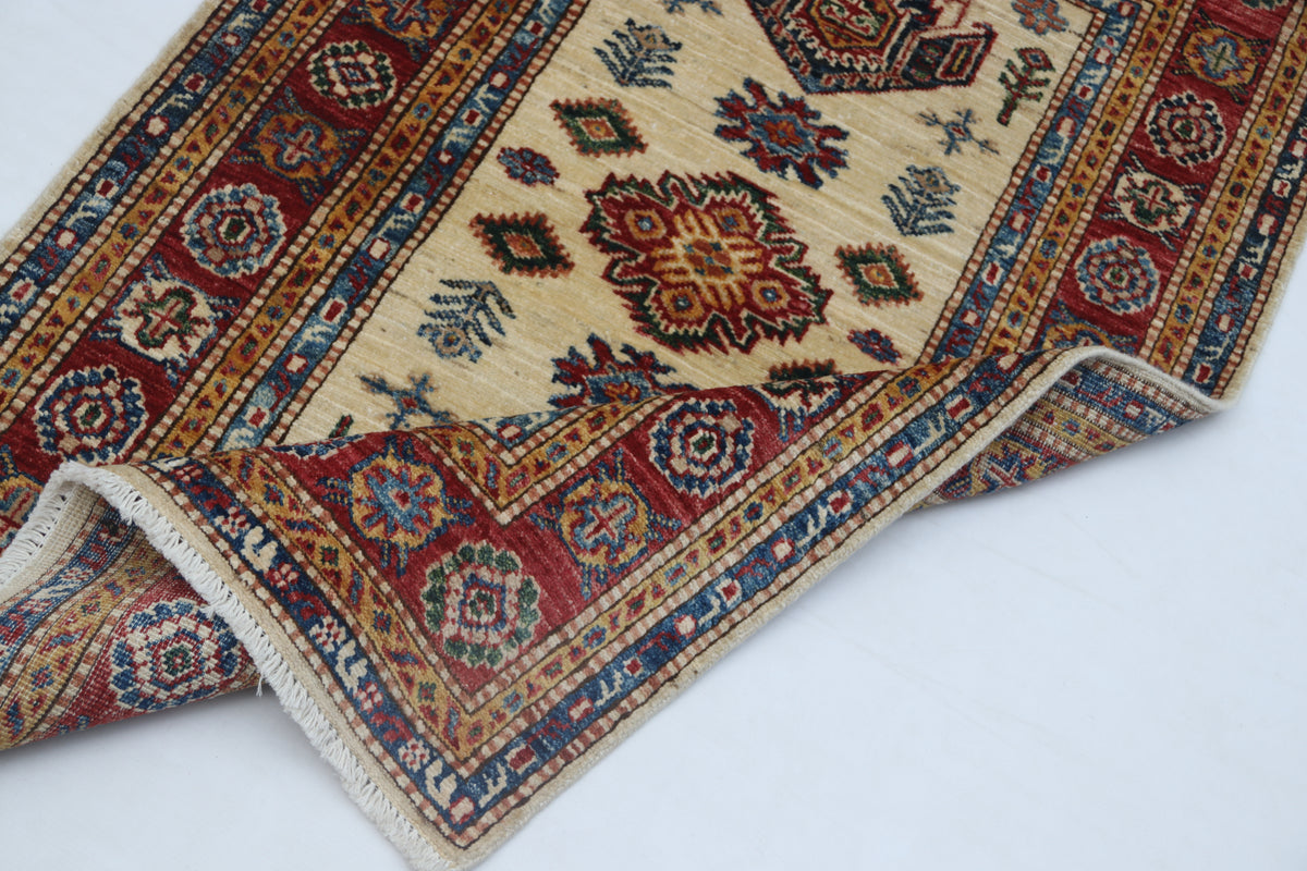 2.5x4 Beige Super Kazak Geometric Area Rug | Handmade Wool & Cotton Rug