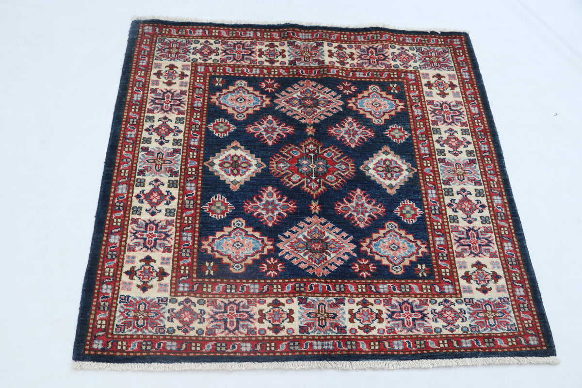 3.5x3.5 Handmade Super Kazak Blue Rug | Vegetable Dyed Geometric Wool & Cotton Square Area Rug