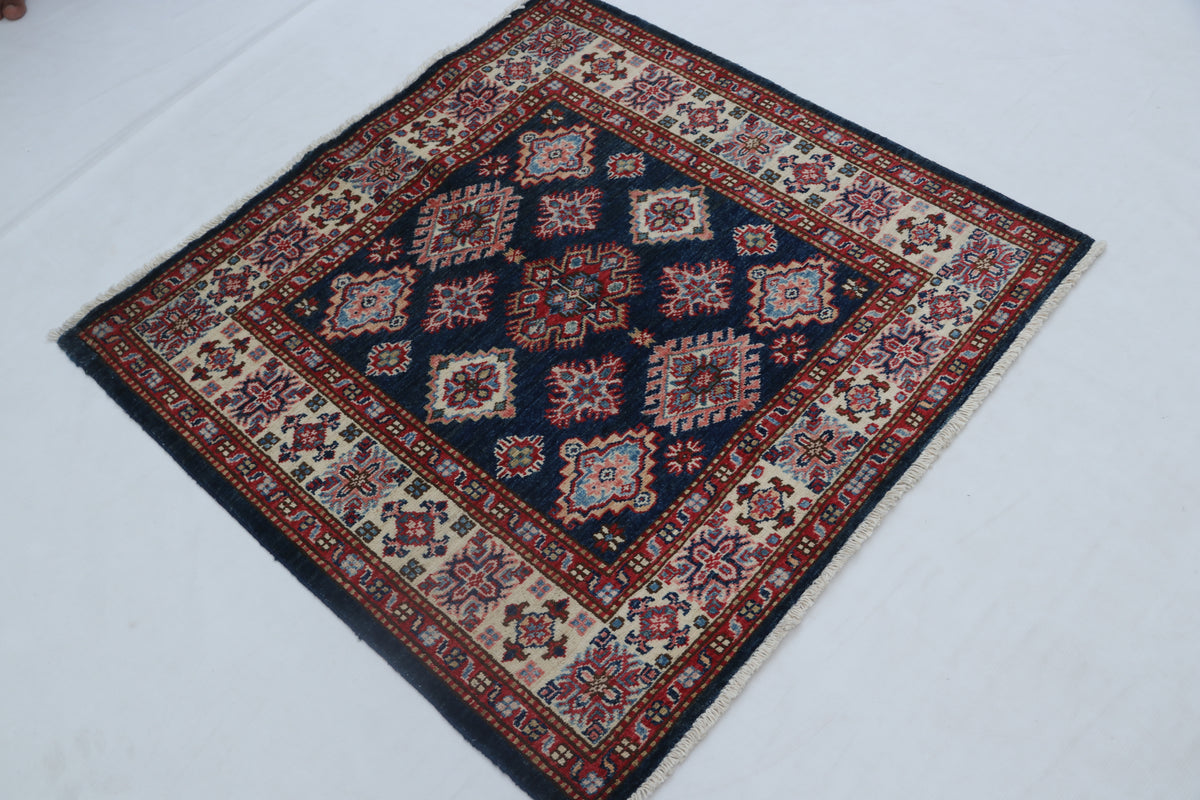 3.5x3.5 Handmade Super Kazak Blue Rug | Vegetable Dyed Geometric Wool & Cotton Square Area Rug