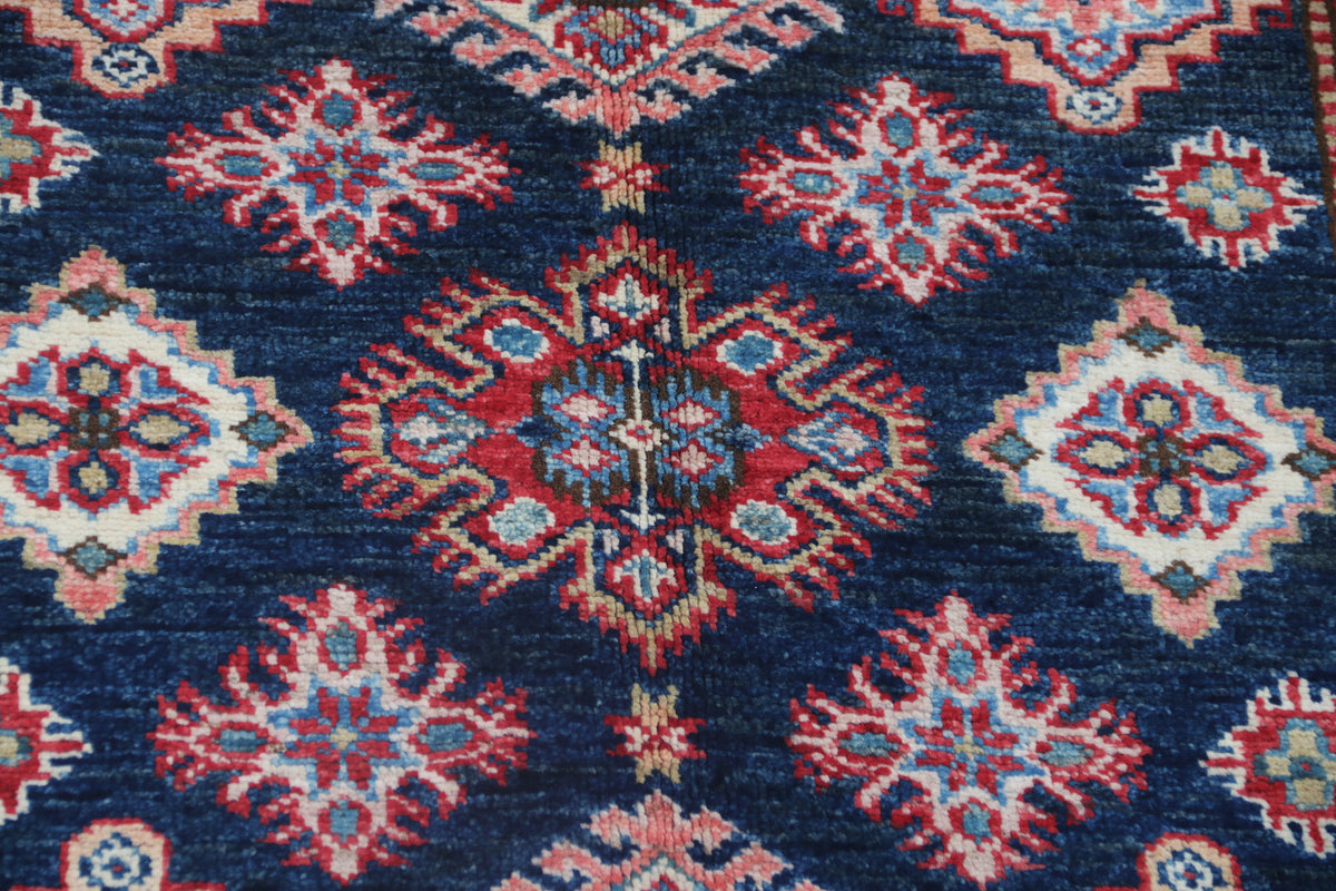3.5x3.5 Handmade Super Kazak Blue Rug | Vegetable Dyed Geometric Wool & Cotton Square Area Rug